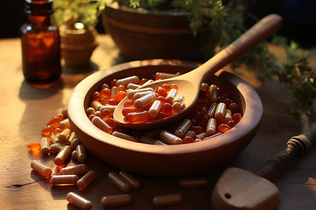 Medicinal Utensil Wooden Spoon Filled with Pills and Stethoscope AI