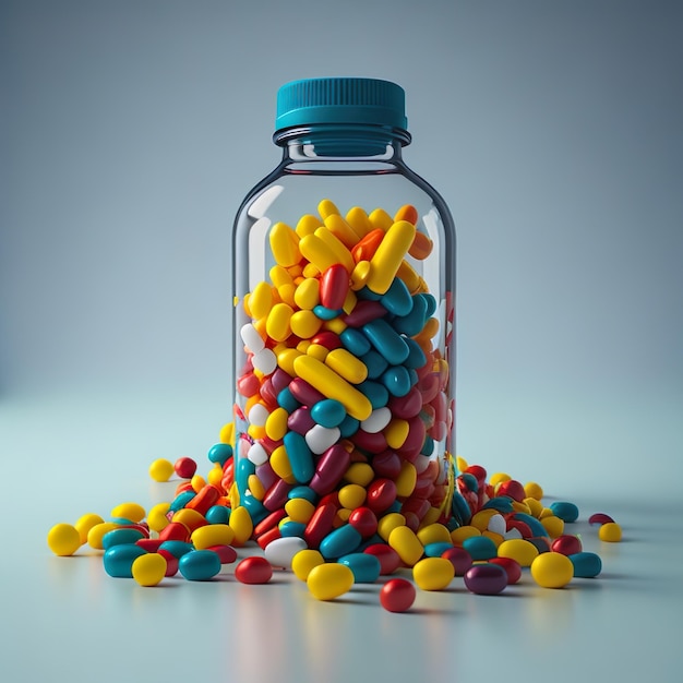 Medicine bottle spilling colorful pill generative AI