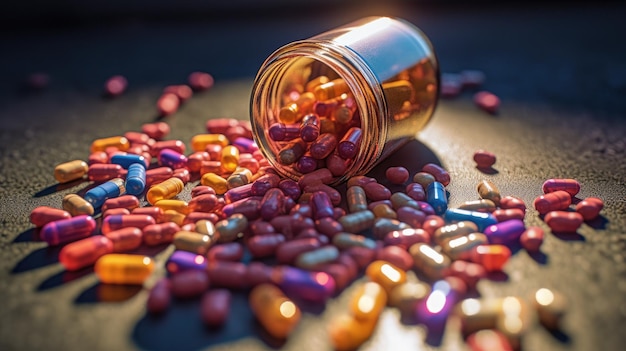 Medicine bottle spilling colorful pills depicting addiction risk AI Generated