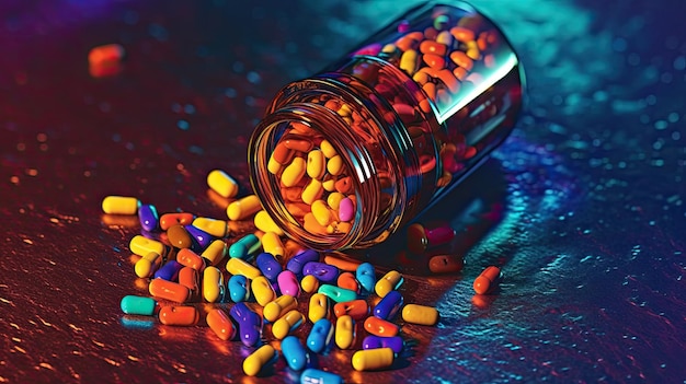 Medicine bottle spilling colorful pills depicting addiction risk AI Generated