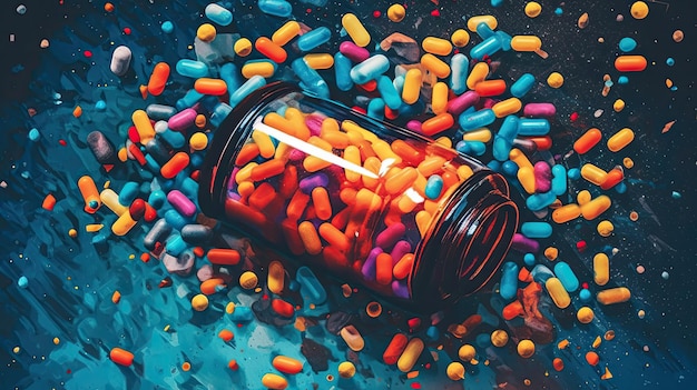 Medicine bottle spilling colorful pills depicting addiction risks ai generated