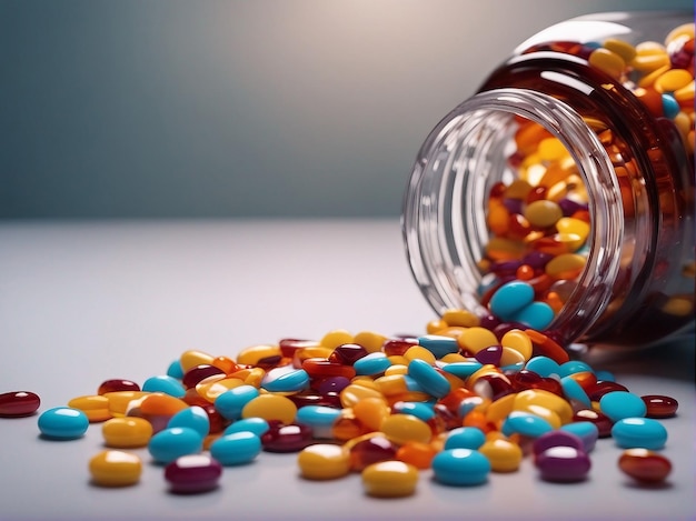 Флакон с лекарствами, разливающий красочные таблетки, изображающие риски зависимости, вызванные искусственным интеллектом