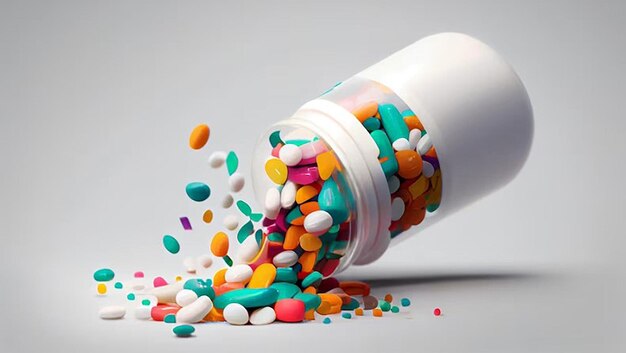 Бутылка с лекарством, разливающая красочные таблетки, изображающие зависимость, рискует генеративным ИИ