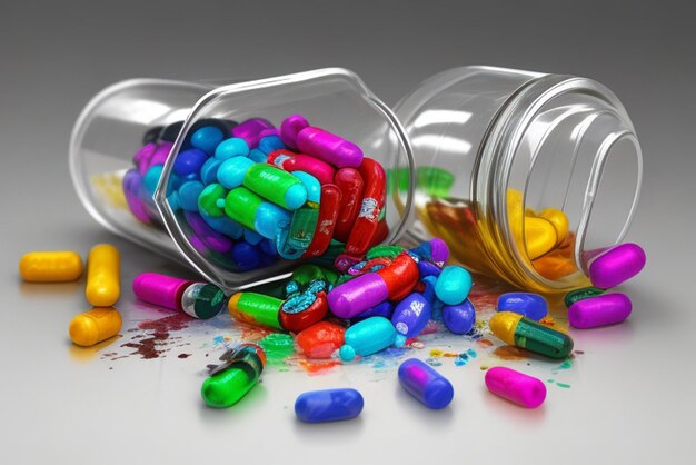 Medicine bottle spilling colorful pills depicting addiction risks generative AI