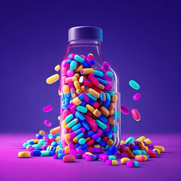 Medicine bottle spilling colorful pills depicting addiction risks generative AI