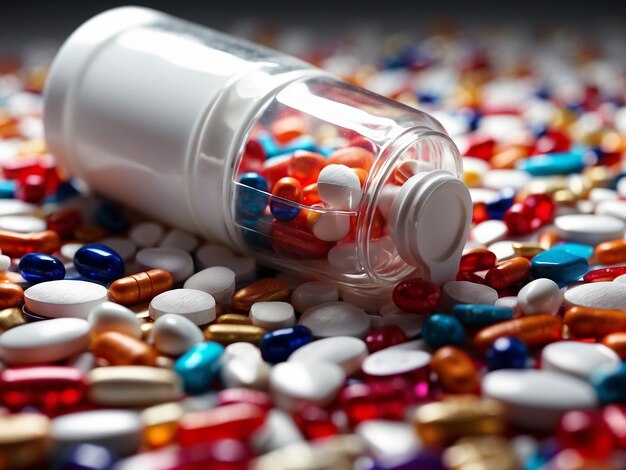 Medicine bottle spilling colorful pills depicting addiction risks