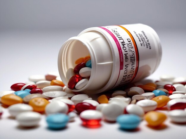 Medicine bottle spilling colorful pills depicting addiction risks