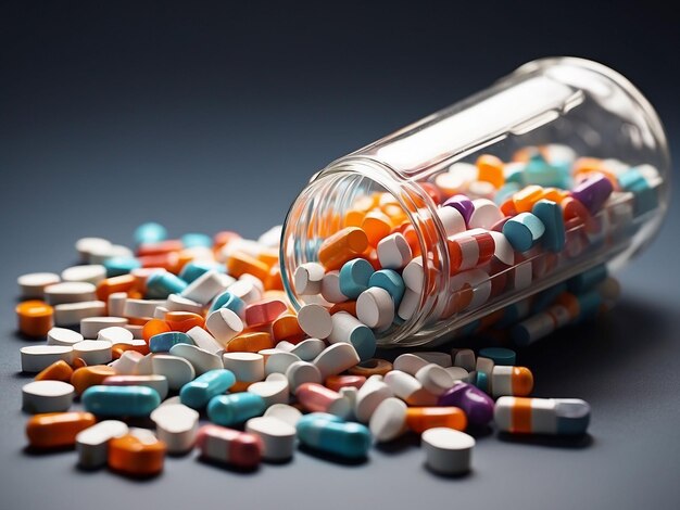 Photo medicine bottle spilling colorful pills depicting addiction risks