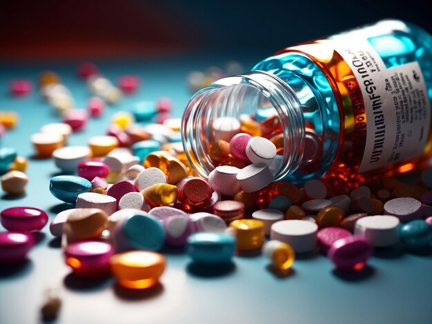 Photo medicine bottle spilling colorful pills depicting addiction risks