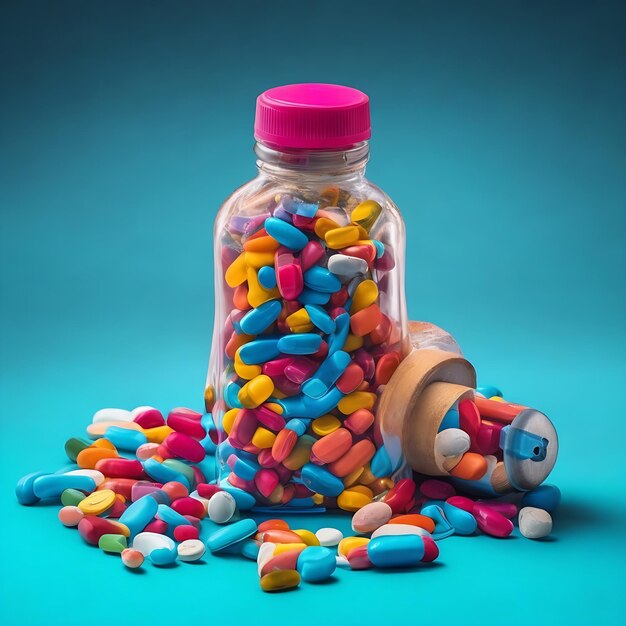 Medicine bottle spilling colorful pills depicting addiction risks