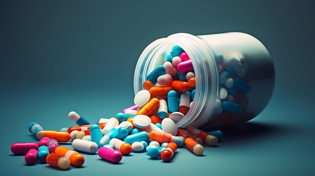 Medicine bottle spilling colorful pills depicting addiction risks
