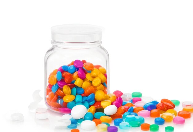 Medicine bottle spilling colorful pills isolate on white background