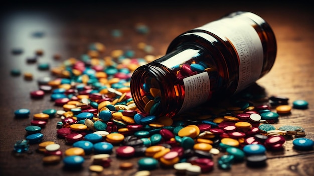 Medicine bottle spilling colorful pills on white Background generative AI