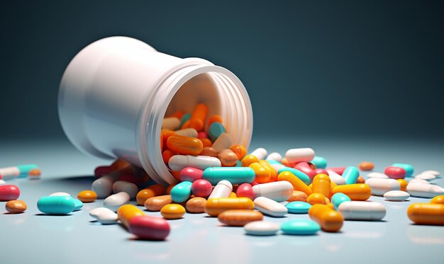 Medicine bottle spilling colorful pills with Healthcare concept image