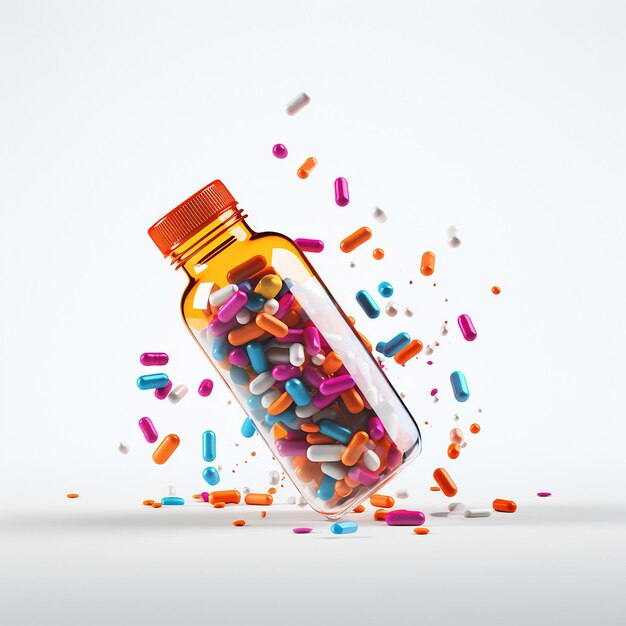 Photo medicine bottle spilling colorful pills with white background