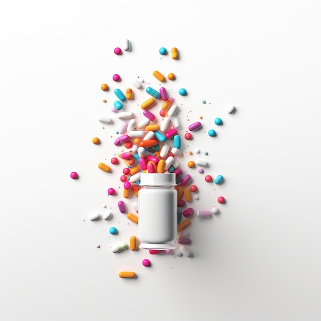 Photo medicine bottle spilling colorful pills with white background