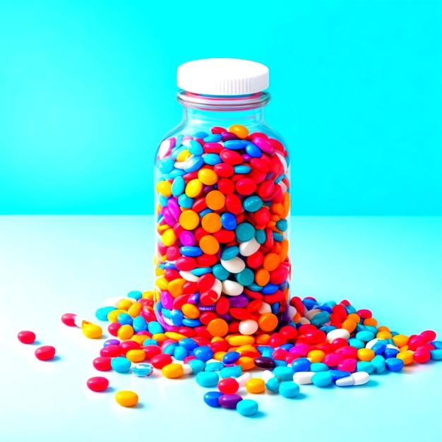 Medicine bottle spilling colorful pills