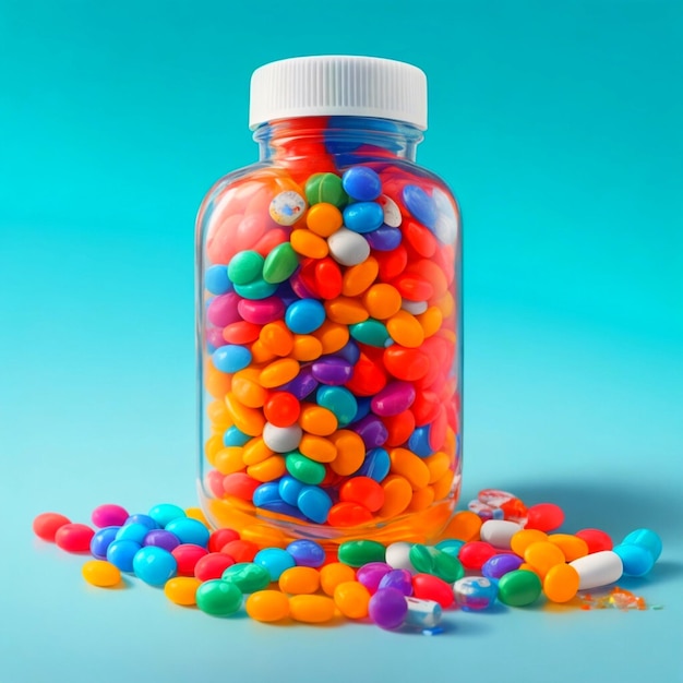 Medicine bottle spilling colorful pills