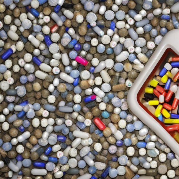 Foto una bottiglia di medicina versa il suo contenuto rivelando un arcobaleno di pillole che rappresentano i pericoli