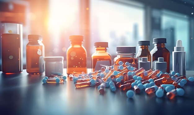 Фото Бутылки с лекарствами и различные таблетки, разбросанные по столу аптеки генеративный ии