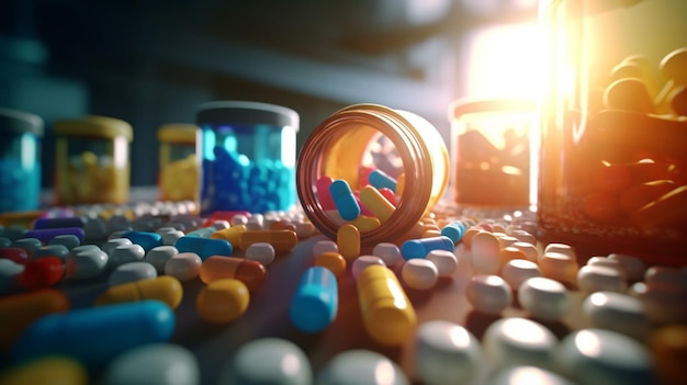 Medicine bottles and pills on a table generative ai