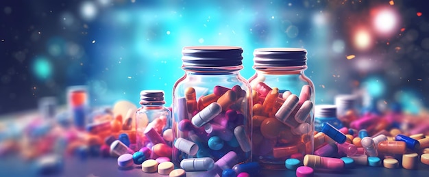 Medicine bottles and various pills scattered on the table pharmacy background generative ai