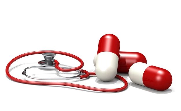 medicine capsule and stethoscope on white background