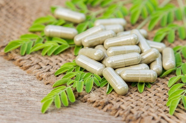 medicine capsules from organic herb for healthy eating 