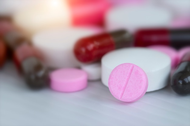 Medicine concept;colorful of pills, capsules with white background