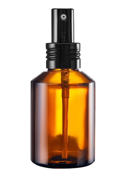 Medicina, cosmetici, profumi. bottiglia di vetro marrone spray isolato su priorità bassa bianca