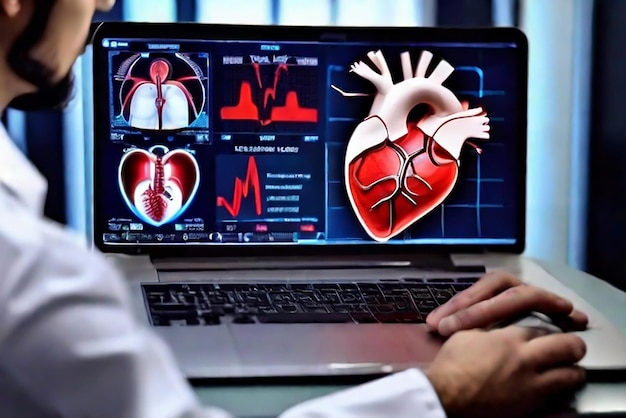 Medicine doctor cardiologist diagnose and examine patient virtual heart with intelligence software