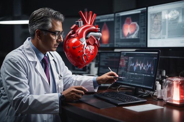Photo medicine doctor cardiologist diagnose and examine patient virtual heart with intelligence software