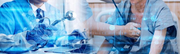 Photo medicine doctor hand working on a patients xray scans digital healthcare and connection with modern virtual screen interface icons medical technology and network concept