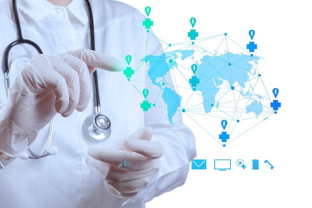 Medicine doctor hand working with modern computer virtual dashboard as medical network