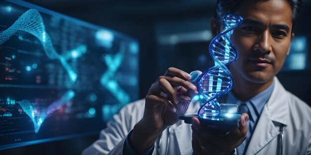 Photo medicine doctor holding blue helix dna structure on hand