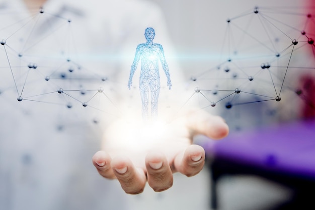 写真 仮想画面インターフェースで人間のホログラムを保持している医学博士現代の仮想画面インターフェース健康問題と医療技術conceptxdxa