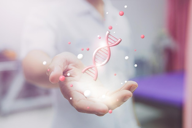 Foto medico in medicina che tiene la struttura del dna dell'elica rosa sull'illustrazione 3d ologramma moderna interfaccia dello schermo virtuale scienza tecnologia medica e concetto futuristico