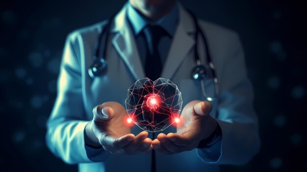 Medicine doctor holding red heart shape in hand with medical icon network connection modern virtual screen interface Generative Ai