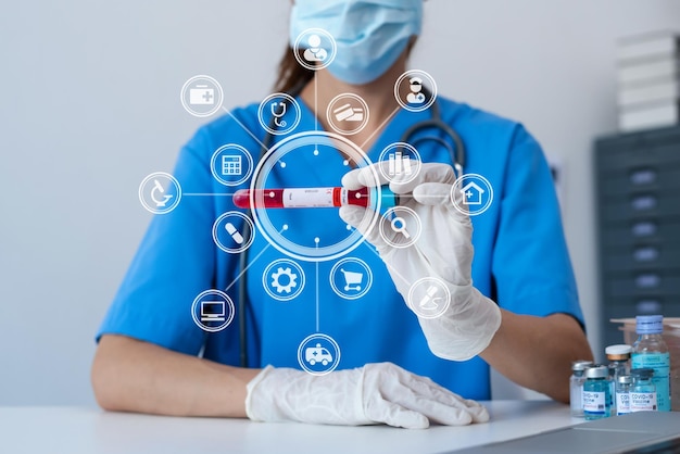 Medicine doctor touching electronic medical record on tablet. dna. digital healthcare and network connection on hologram modern virtual icon