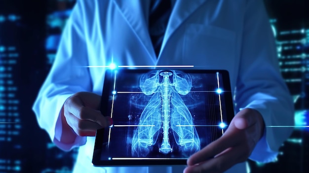医師がタブレット DNA 上の電子医療記録に触れるホログラフィック現代仮想スクリーン インターフェイスのデジタル医療とネットワーク接続医療技術と未来的なコンセプト