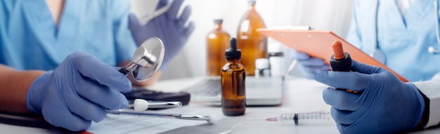 Photo medicine doctor touching tablet medical technology and futuristic concept