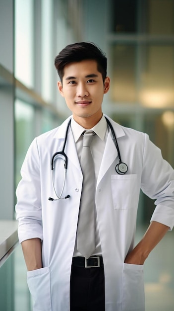 Photo medicine doctor with stethoscope in hand standing confidently on hospital background healthcare