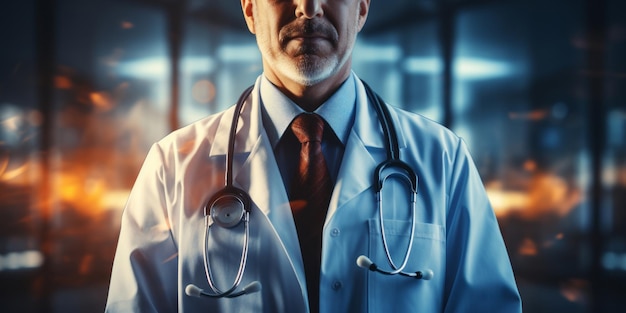 Medicine doctor with stethoscope and icon health care on virtual interface and patients come to the hospital Medical technology network Healthcare and Medical concept