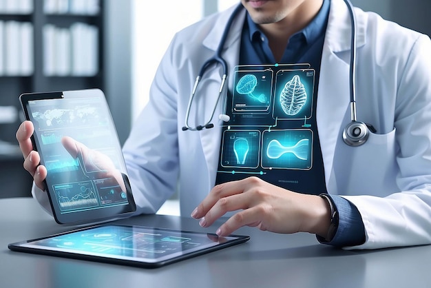 Медицинский врач работает на цифровом планшете для медицинской записи пациента на интерфейсе ДНК Медицинская технология и футуристическая концепция Цифровое здравоохранение и сеть на современном виртуальном экране