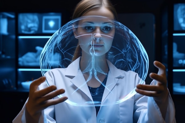 未来の医療 モバイル タブレット タッチ スクリーン ナノテクノロジーとホログラムのイノベーション 遺伝子工学 デジタル医療の未来的なインターフェイスを使用する医師 ヘルスケアとウェルネス