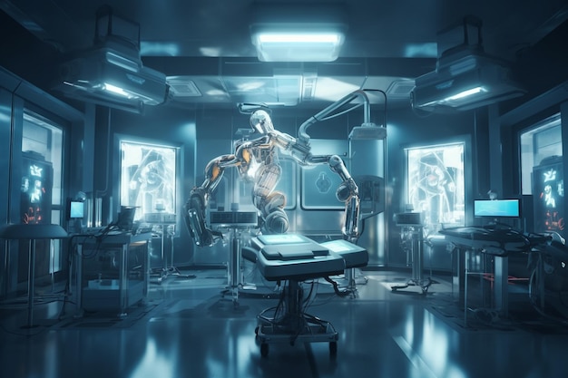 Medicine in Future Nanotechnology hologram innovation genetic engineering Operating Doctor anatomy on robotic surgery machine virtual interface robotic surgery are precision