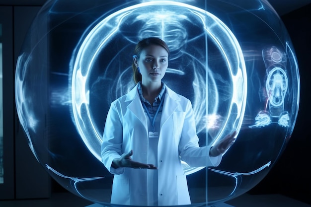 Foto medicina in futuro nanotecnologia ologramma innovazione ingegneria genetica l'anatomia del medico operativo sulla chirurgia robotica dell'interfaccia virtuale della macchina è precisione