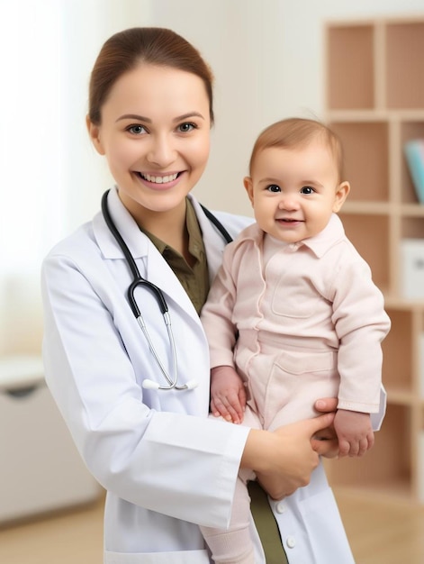 Photo medicine healtcare pediatry and people concept happy doctor or pediatrician holding baby on medical