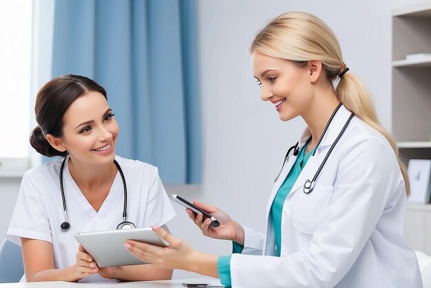 Фото Медицина, здравоохранение и люди концепция женщина-доктор с планшетным компьютером разговаривает с улыбающейся женщиной-пациентом в больнице