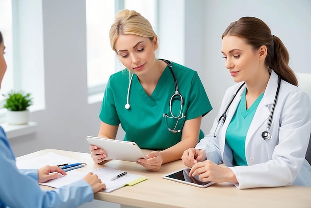 medicine healthcare and people concept female doctor with tablet pc computer talking to woman patient at hospital